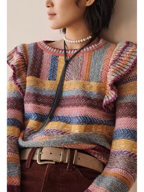 Anthropologie x Pilcro Women’s Ruffle Sweater Size XS Knit Stripped Cozy Casual
